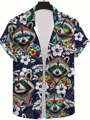 Raccoon Hawaiian Shirt Tropical Hibiscus Floral Summer Casual Button Down