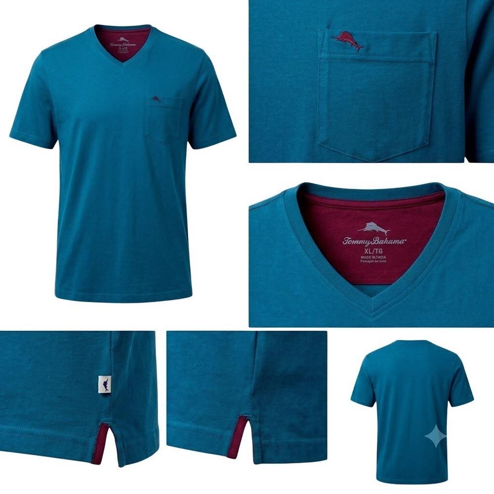 Tommy Bahama Mens XL Teal Blue V-Neck Pocket T-Shirt Short Sleeve Marlin Logo