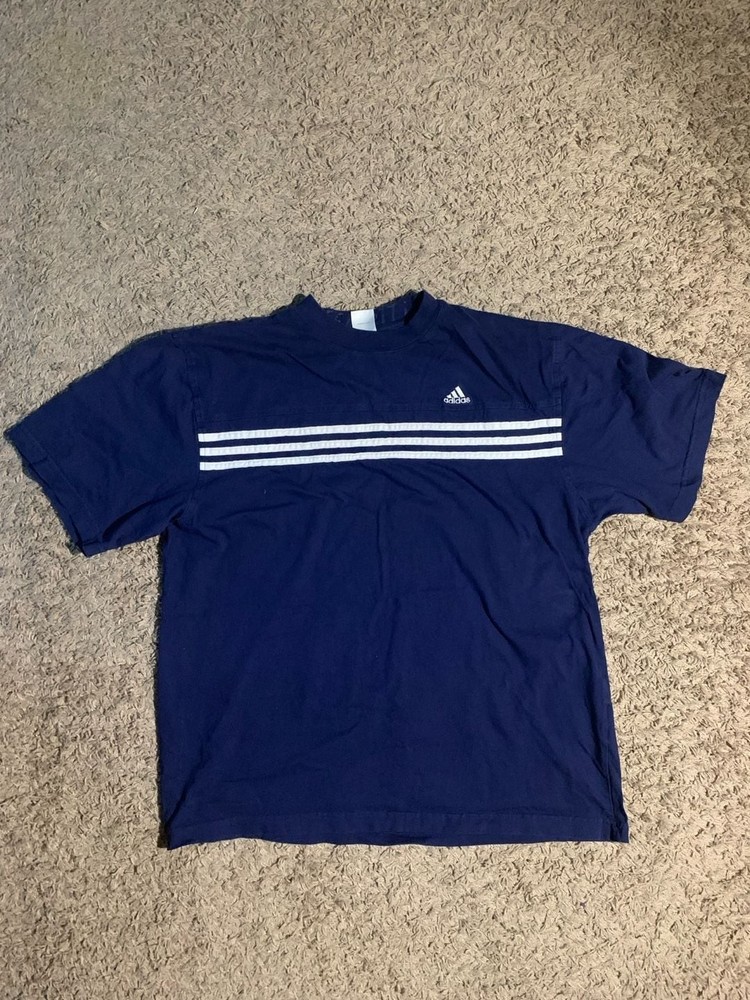 Vintage Adidas Navy Blue Short Sleeve T-Shirt with White Three Stripe Detail