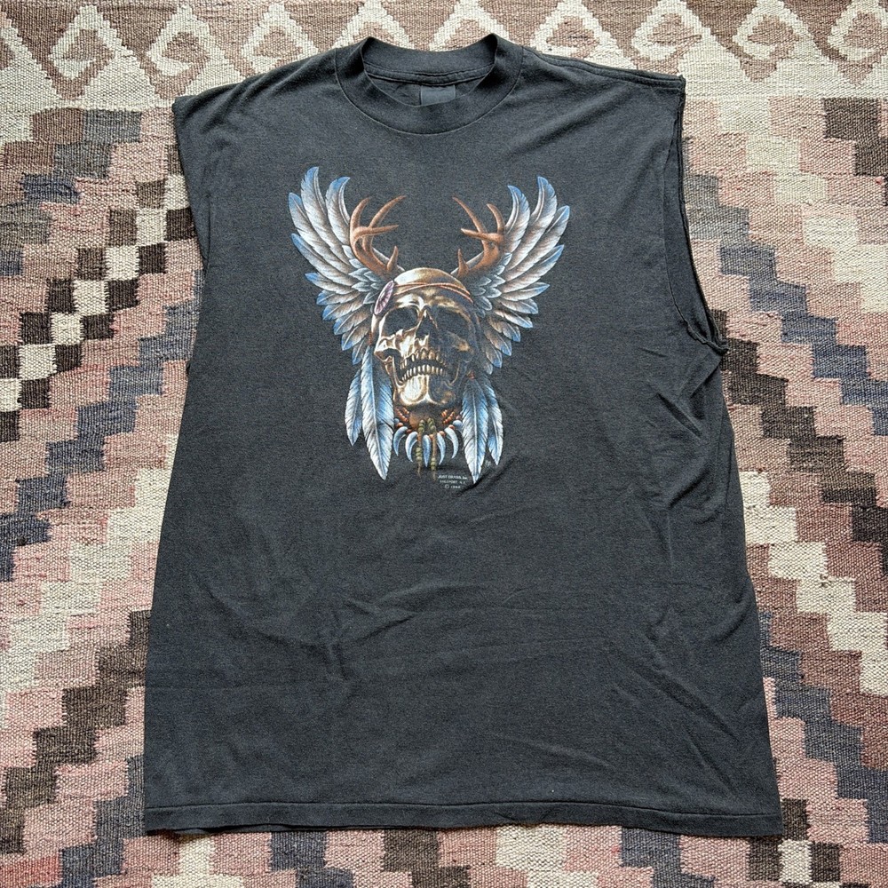 Vintage 1988 Just Brass 3D Emblem Native Skull T Shirt Truckers Harley L/XL