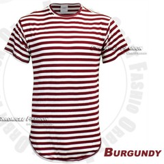 Men T-Shirt Striped Casual Crew Neck Short Sleeve Curved Extended Long Tee Top