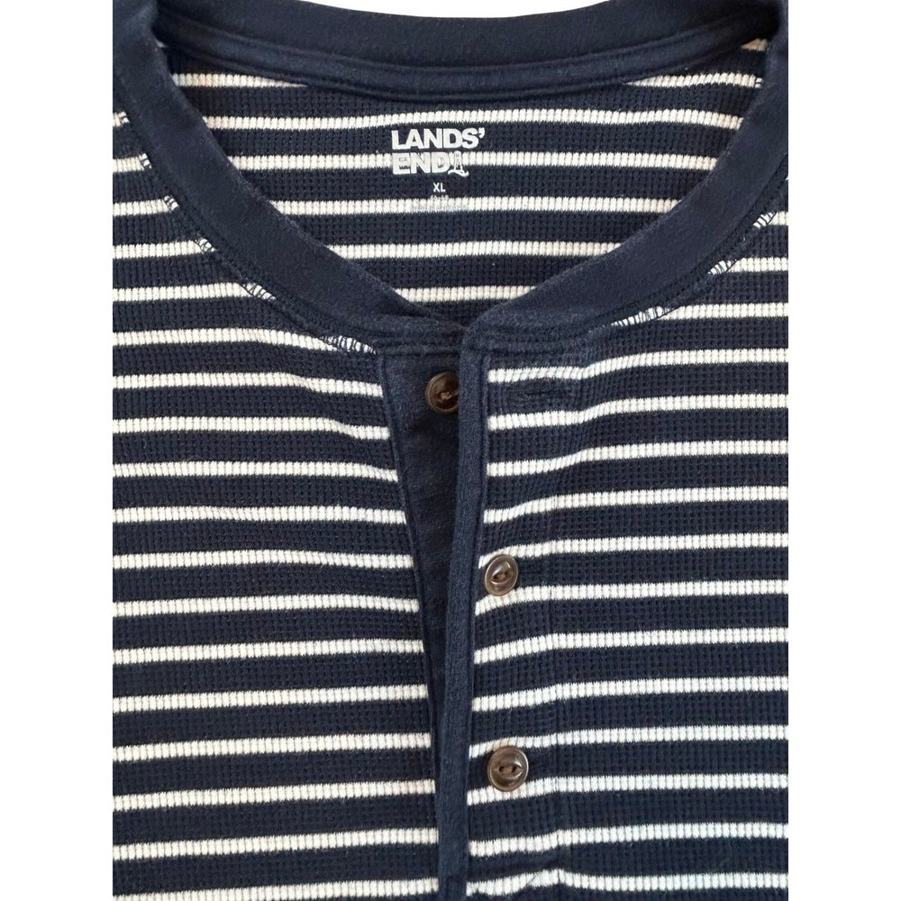 Lands End Mens Striped Long Sleeve Thermal Henley Shirt Size XL Navy White