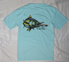 SALT LIFE SLX MENS S TEE SHIRT AQUA BLUE SS STRETCH T-SHIRT UVAPOR TUNA FISHING