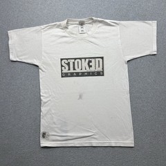 Stoked Graphic Tee Youth 14/16 White Vintage Y2K Skate Distressed Grunge Retro