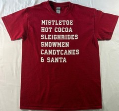 Gildan Men’s M Red Christmas T-Shirt Mistletoe Hot Cocoa Sleighrides Snowmen