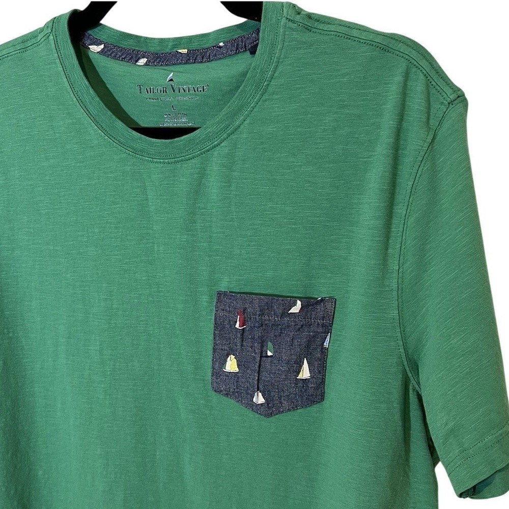 Sailboat Pocket Mens Soft Green Tee Summer Coastal Nautical Preppy Casual Large