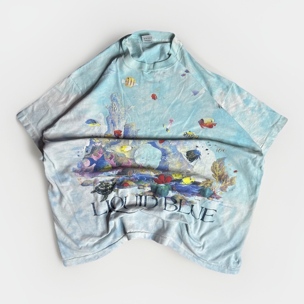 Vintage 1992 Liquid Blue Coral Reef Aquatic Sea Life Fish AOP Shirt XL Tie Dye