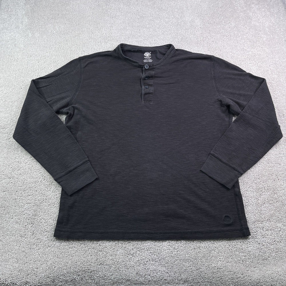 Timberland Henley Shirt Mens XL Black Mini Waffle Long Sleeve Cotton Casual Logo