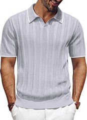 Mens V-Neck Knit Polo Shirt Textured Lightweight Breathable Summer Casual Top