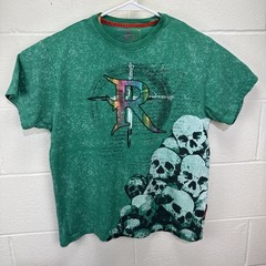 Vintage Revolution T Shirt Mens Skull Pile Punk AOP Y2K Large Green Foil