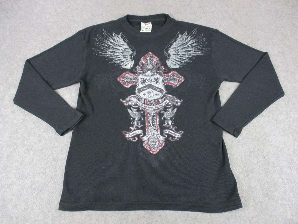 Avirex Shirt Mens Large Black Crest Cross Wings Thermal Long Sleeve Crewneck