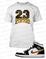 23 Graphic Drippin Black Gold Tee Shirt To Complement Jordan 1 Mid SE Sneaker