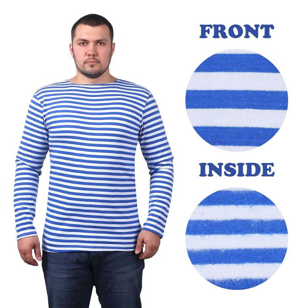 Men’s Striped Long Sleeved T-Shirt 100% Cotton Light Blue Original Telnyashka