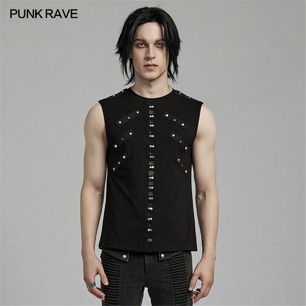 PUNK RAVE Men Black Punk Rock Gothic Steampunk Sleeveless Tops Tank Vest