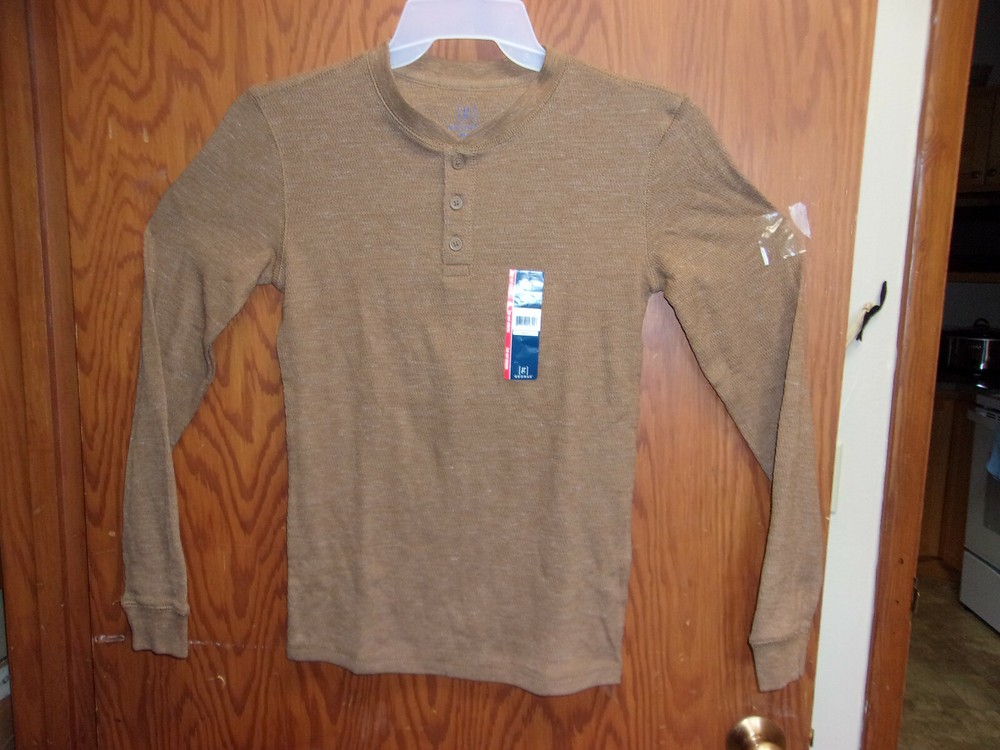 NEW MEN’S GEORGE CASUAL BROWN L/S RICE KNIT THERMAL LOOK 3-BUTTON HENLEY SHIRT