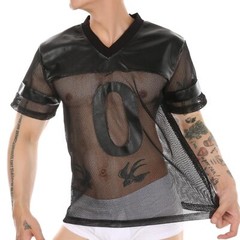 Men’s Short Sleeve Black Mesh Sheer T-shirt Transparent Fishnet Stripe Tee Tops