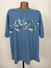 Fish Graphic Henley Shirt Men XXL Saltwater Fishing Bass Dad Cotton Reel Legends