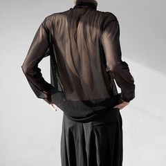 Men Mesh Sheer Turtleneck Long Sleeve Casual T Shirts Nightclub Party Top
