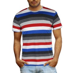 Men’s Classic Striped Short Sleeve Crew Neck Pocket Tee T-shirt Grey Red