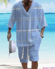 Beach Loose Print V-neck Mens Knitted Short-sleeved Short-shorts Set Casual 2pcs