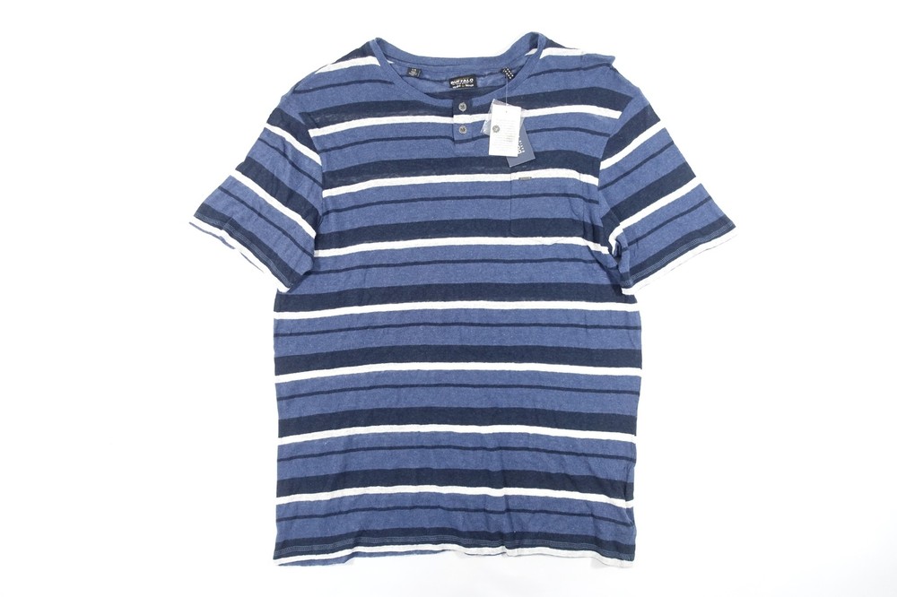 BUFFALO DAVID BITTON STRIPED BLUE LARGE SHEER POCKET HENLEY TEE TSHIRT DEFECT