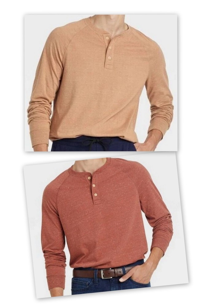 Goodfellow & Co. Mens TAN or RUST Long-sleeve JERSEY Henley Shirt Standard