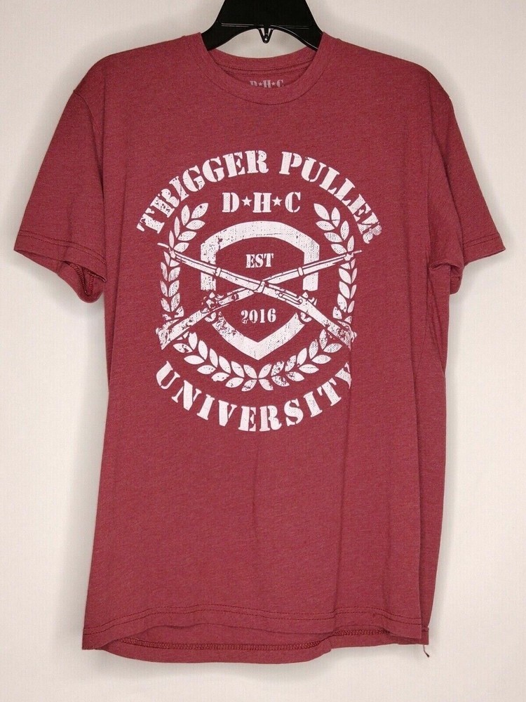 DHC Mens T-Shirt Short Sleeve Size Large Maroon Crew Neck Modern Trigger Puller