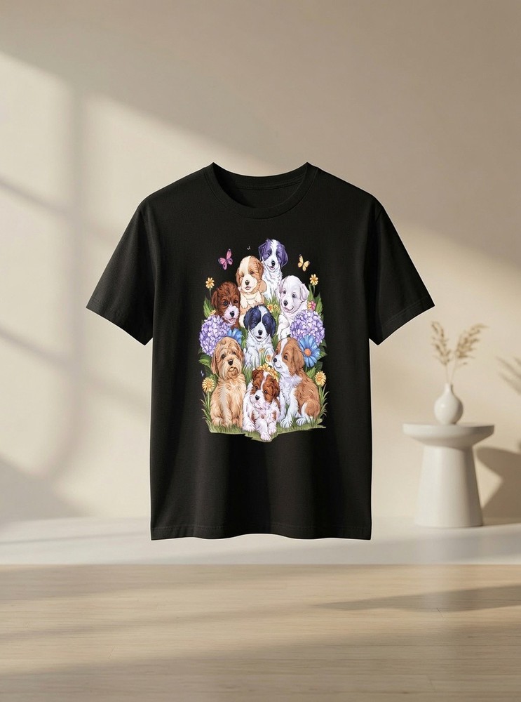 Cottagecore Cute Puppy Flower Butterfly Graphic Dog Lover Dog Lover Graphic Tee