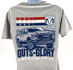 Gray T-Shirt w/ Dodge Ram Truck & “Guts Glory American Pride” Script – Licensed