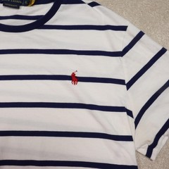 Polo Ralph Lauren Shirt Mens XL White Navy Striped Custom Slim Fit Tee Logo