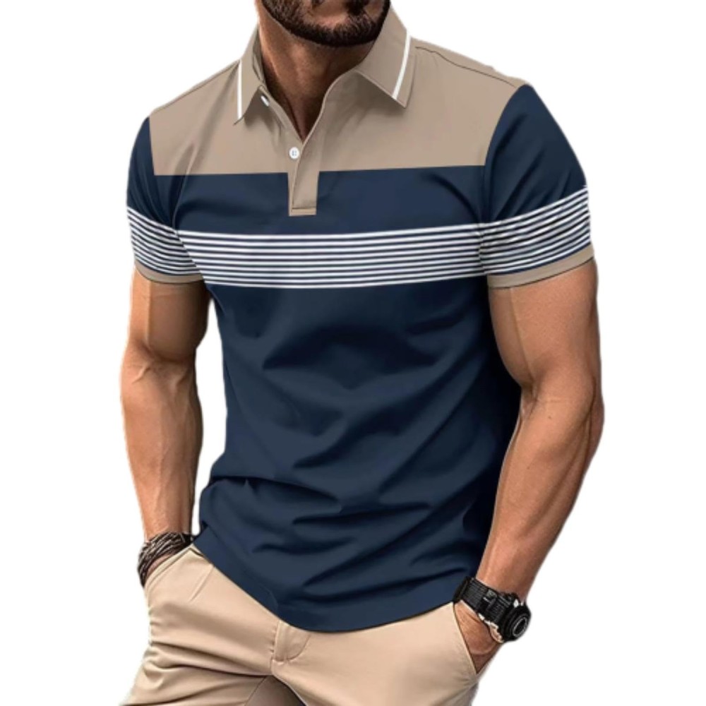 Mens Fashion Polo Shirts Casual Contrast Color Short Sleeve T Shirt Striped G…