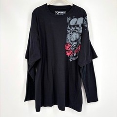 Avirex Black Skull Roses Graphic Long Sleeve Layered Double Sleeve Shirt Size XL