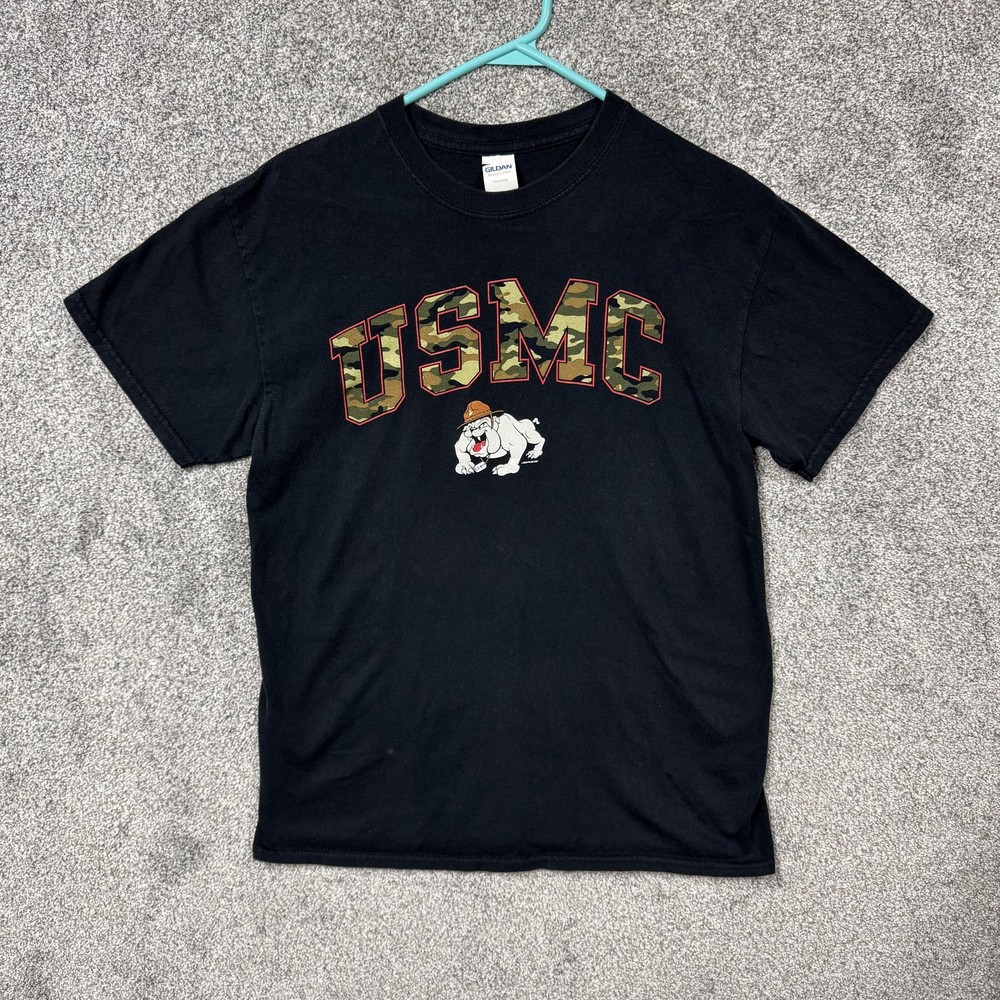 USMC Shirt Mens Medium Black Bulldog Camo Graphic Military Marines Tee Gildan