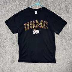USMC Shirt Mens Medium Black Bulldog Camo Graphic Military Marines Tee Gildan