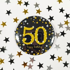 Glitter 50th Birthday Button Pin – Black and Gold Sparkly 50th Birthday Badge…