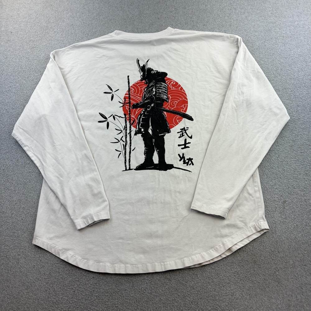 YoungLA Shirt Mens Large White Samurai Graphic Long Sleeve Tee Casual Adult