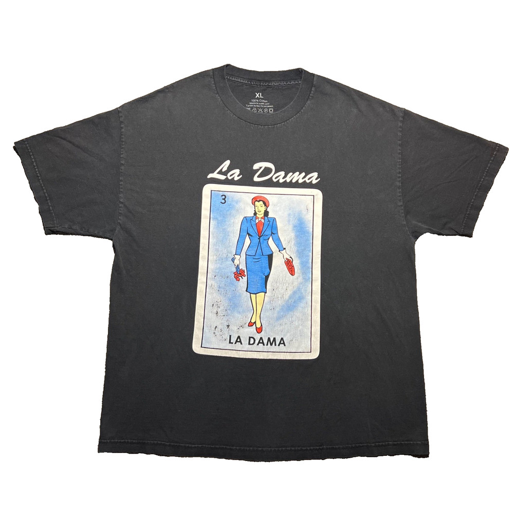 La Dama Loteria Card T Shirt Mens XL Black Graphic Tee Made in USA Cotton XL