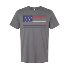 Unisex American Flag Tee With Rainbow Stripes Graphic Across Chest For Pride And