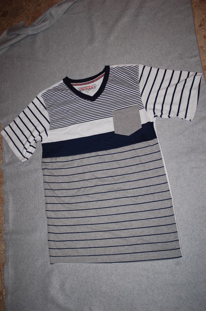 Mens S/S Tee Shirt WHITE NAVY BLUE GRAY STRIPED V-NECK Rear Side White 2XL 50-52