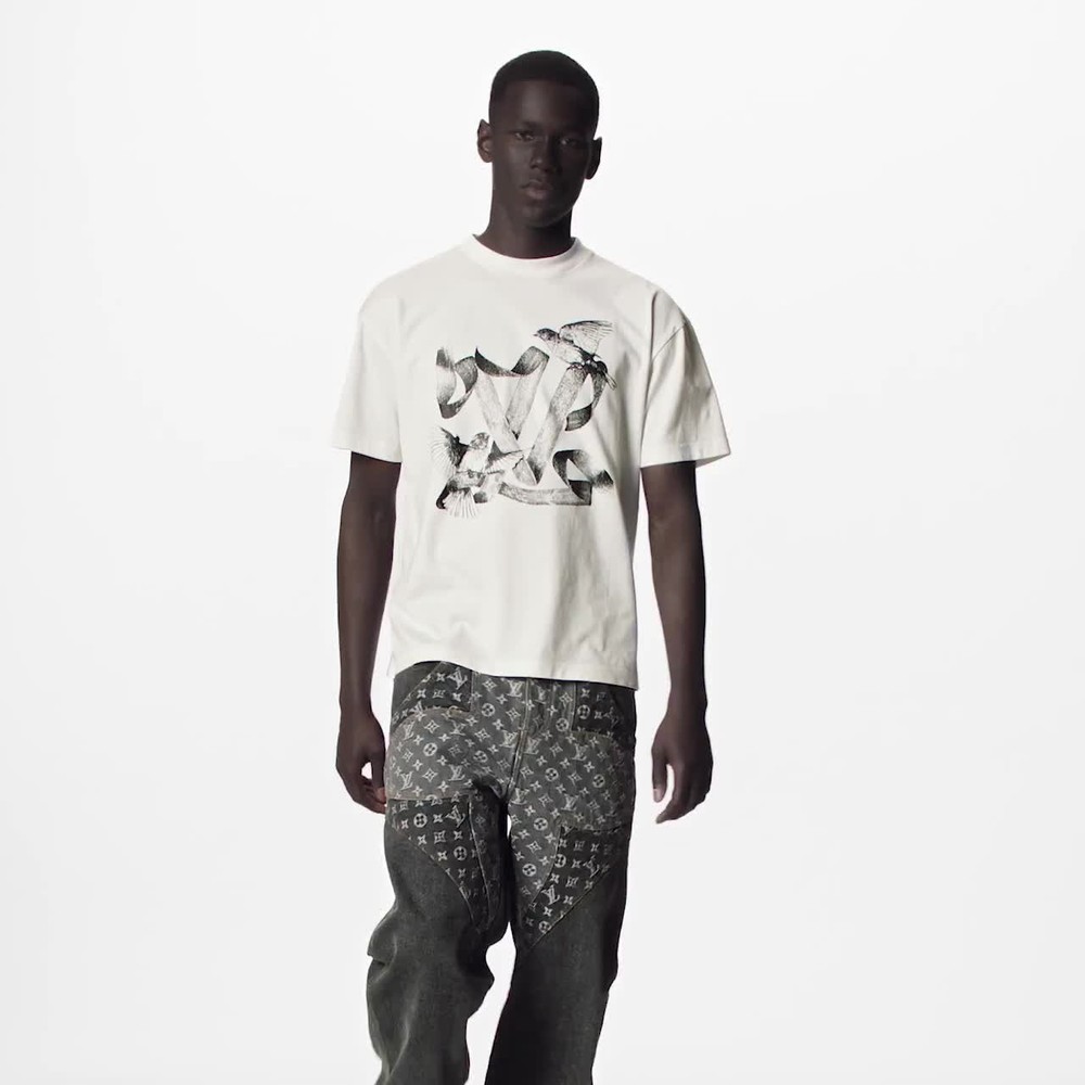 Louis Vuitton LV Birds Graphic Print Logo Cotton Crewneck T-Shirt White Size L