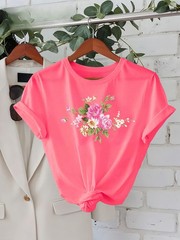 Valentine’s Day Women’s Casual Round Neck Short Sleeve T-Shirt Floral Print ❀