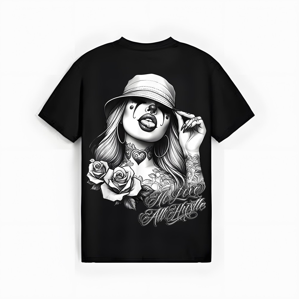 NO LOVE ALL HUSTLE Chicana Payasa Tattoo Chicano Art Chola T-Shirt