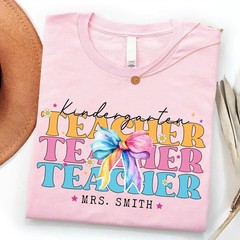 Personalized Kindergarten Teacher Shirt Custom Name Bow Back to School Gift Tee