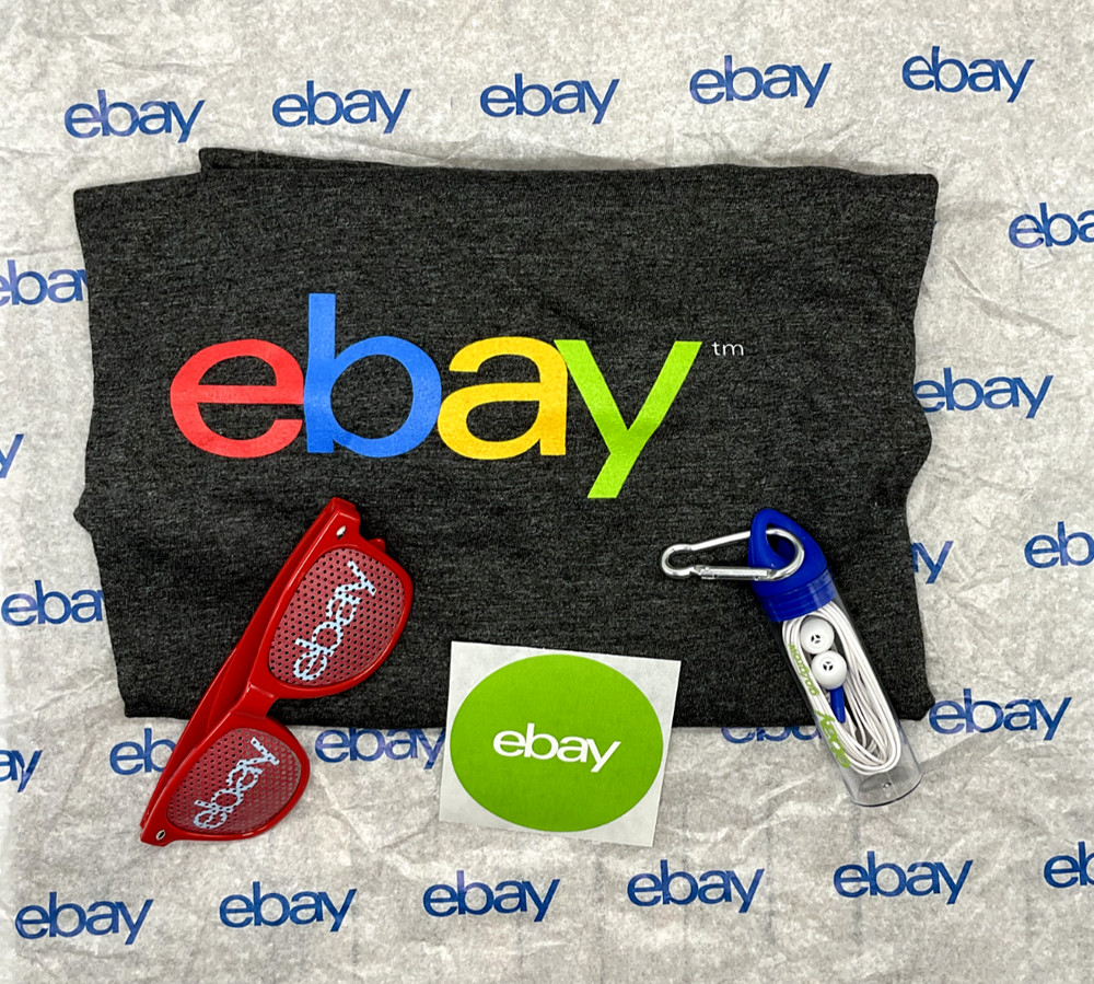 NEW! eBay Swag Lot – Shirt, Ear Buds in Container, Sunglasses, Sticker