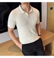 Summer New Men’s Short Sleeve Knit Shirt V-Neck Collar Slimming Casual Shirt Top