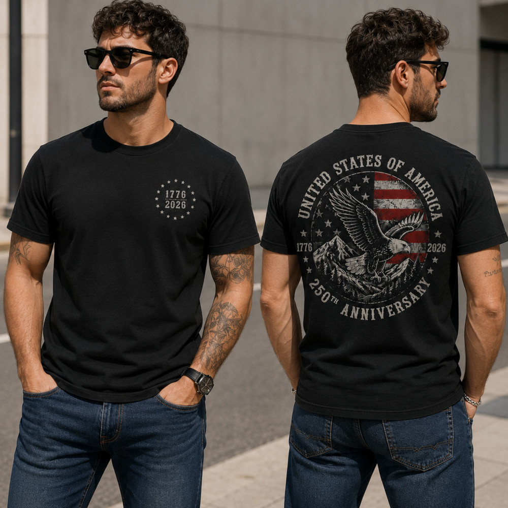 Patriotic USA 250th Anniversary Shirt Men 1776 2026 Eagle Flag July 4th (S-5XL)