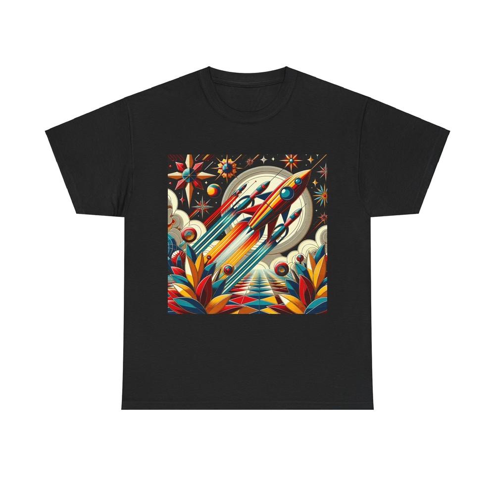 Unisex Adult T Shirt Art Deco Rocket Ship Sci-Fi Art Retro Style Space Tee Black