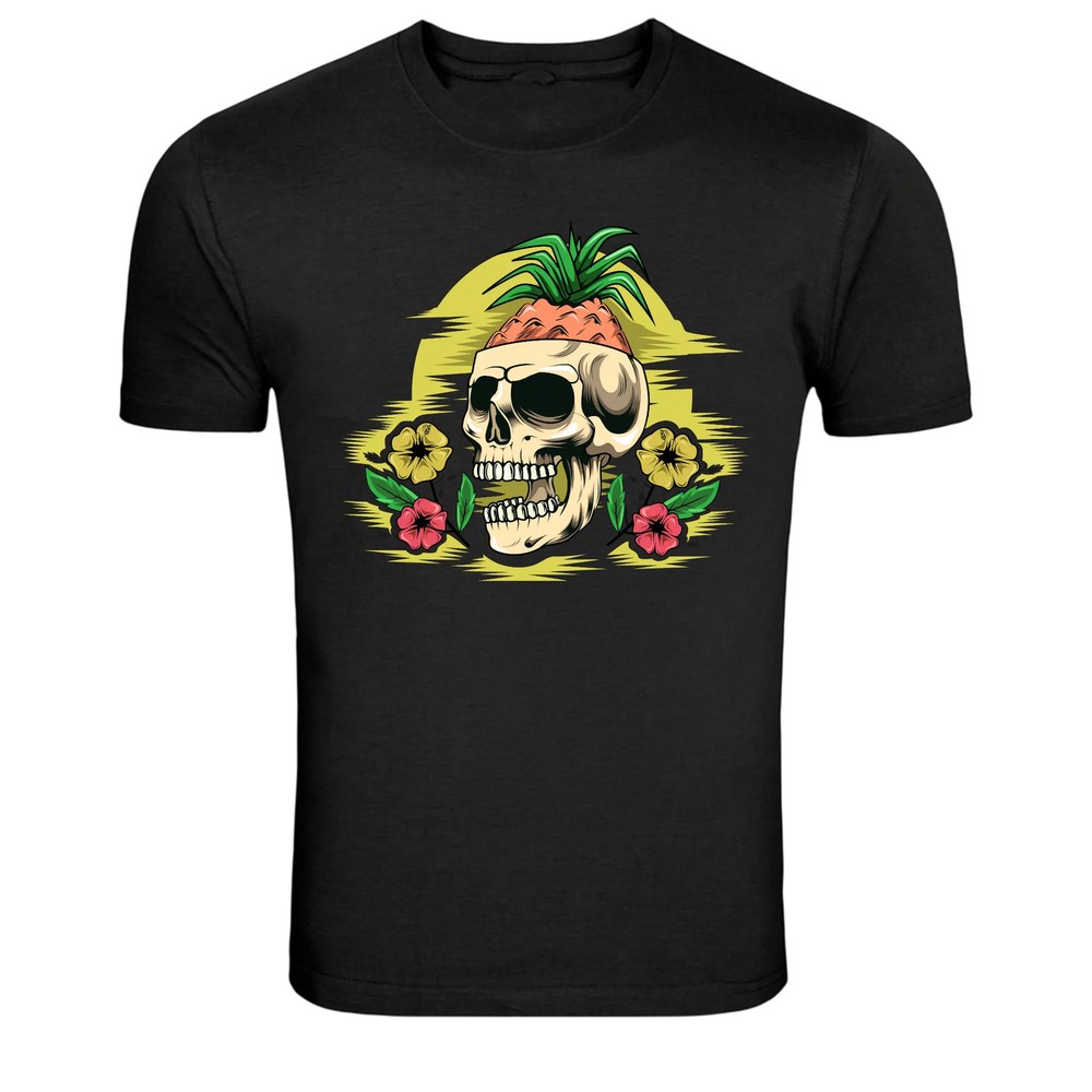 Tropical Pineapple Skull Flowers Summer Beach Graphic T-Shirt