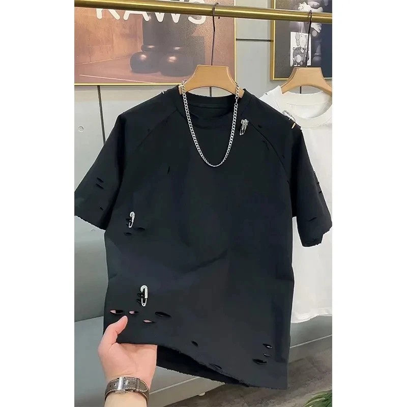 Trendy Men’s Streetwear Distressed Cotton T-Shirt Rhinestone Pin Casual Top