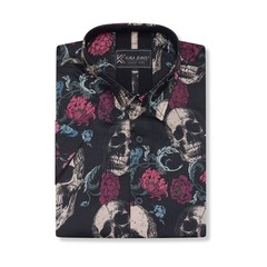 KAM Short Sleeve Floral Skull Print Shirt For Men in Black, 2XL-8XL